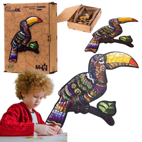 PUZZLE DREWNIANE UKŁADANKA TROPIKALNY TUKAN ZESTAW PUZZLI A4 OZDOBA PUZZLE DREWNIANE UKŁADANKA TROPIKALNY TUKAN ZESTAW PUZZLI A4 OZDOBA