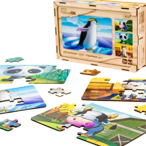 Drewniane Puzzle 4w1 Zwierzęta Układanka Zestaw Krówka Piesek Panda Pingwin
